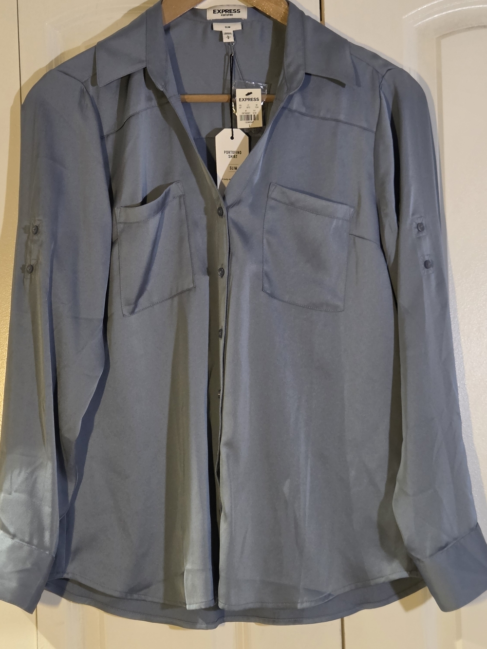 Express Women's Top L Portofino Button Up Shirt Blue Satin Feel Office Chic NWT